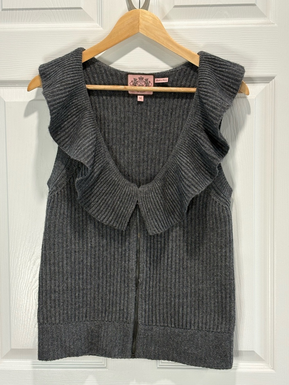 Juicy Couture Wool Cashmere Ruffled Zip Sweater Vest, Grey, Size M Vintage Y2K